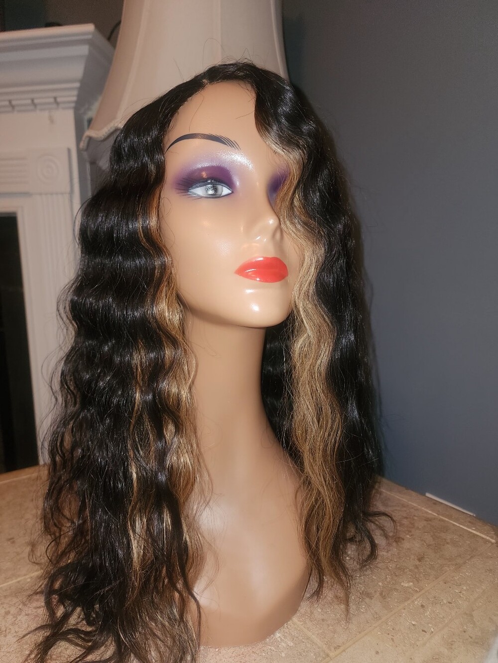 Pure Collection Wavy Human Hair Mix Wig - Dark Brown with Blonde Highlights